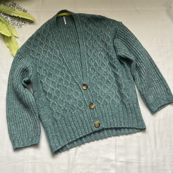 FREE People Molly Teal Multi Cable Knit Oversized Cardigan Sweater - Picture 7 of 13